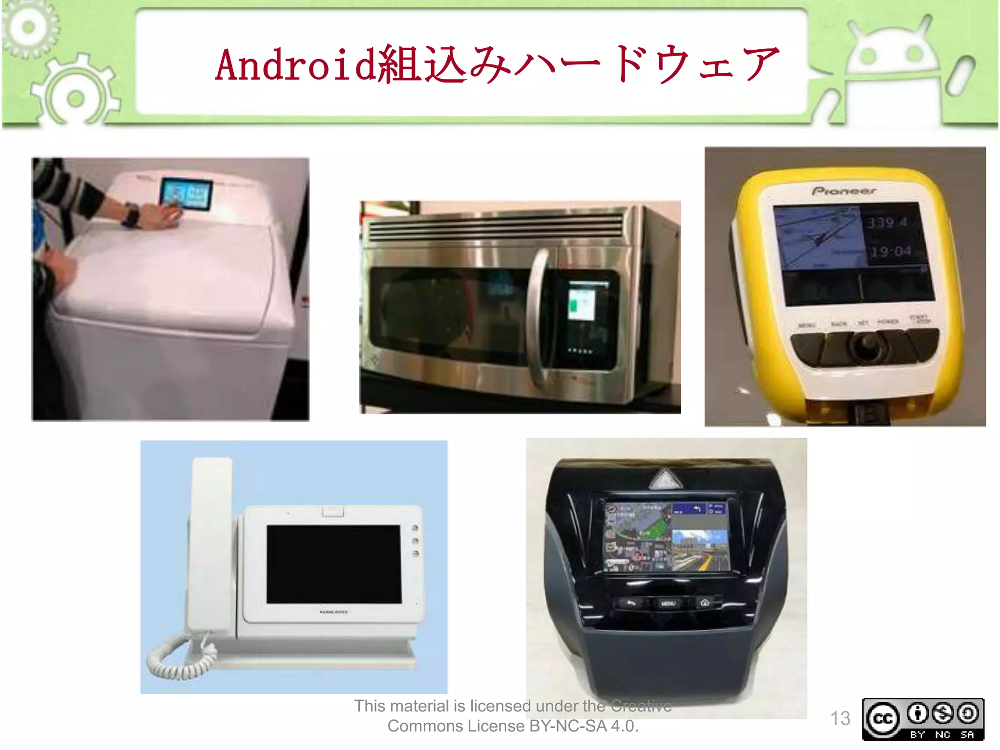 Android組込みハードウェア

This material is licensed under the Creative
Commons License BY-NC-SA 4.0.

13

 