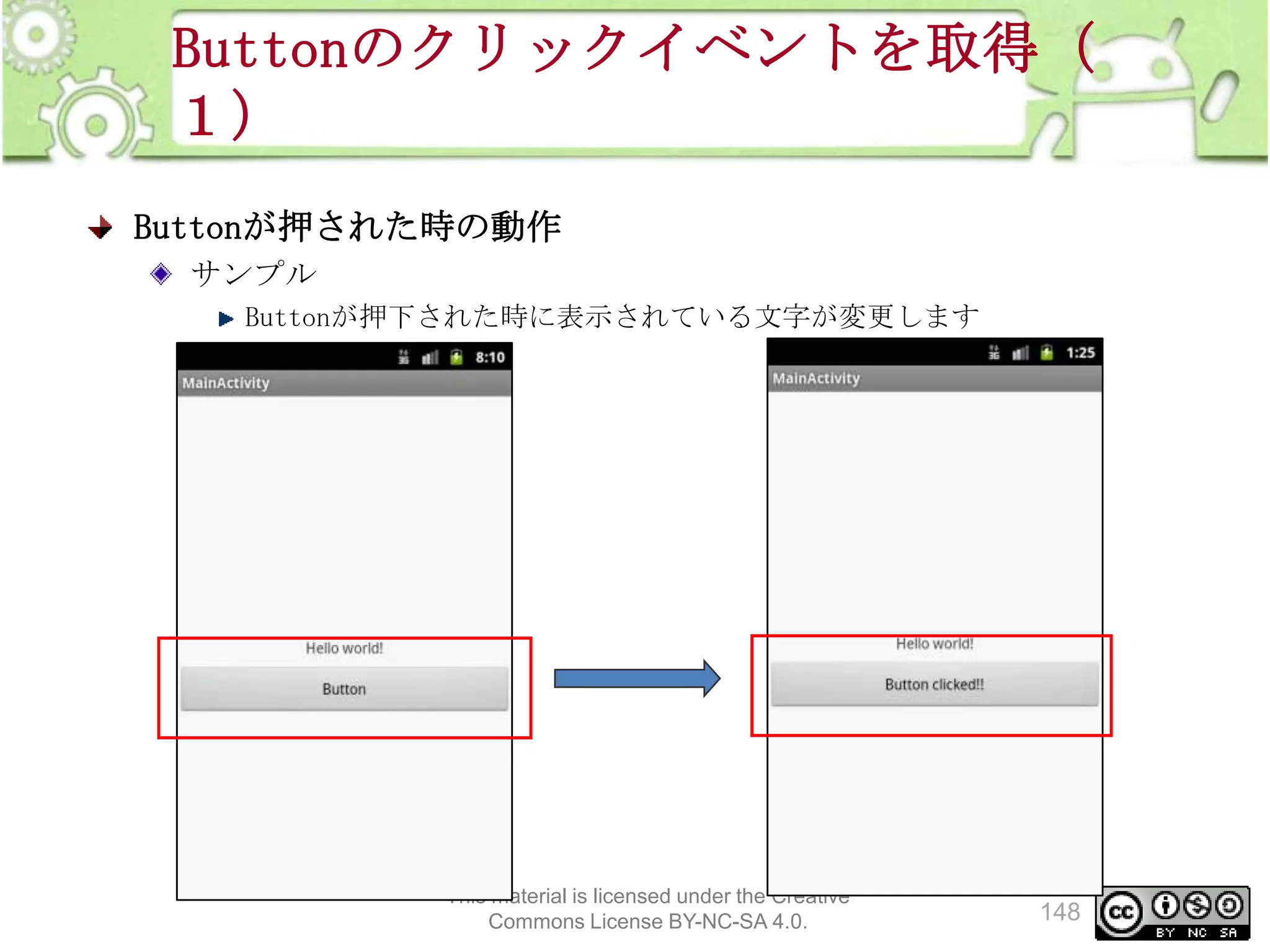 Buttonのクリックイベントを取得（
１）
Buttonが押された時の動作
サンプル
Buttonが押下された時に表示されている文字が変更します

This material is licensed under the Creative
Commons License BY-NC-SA 4.0.

148

 