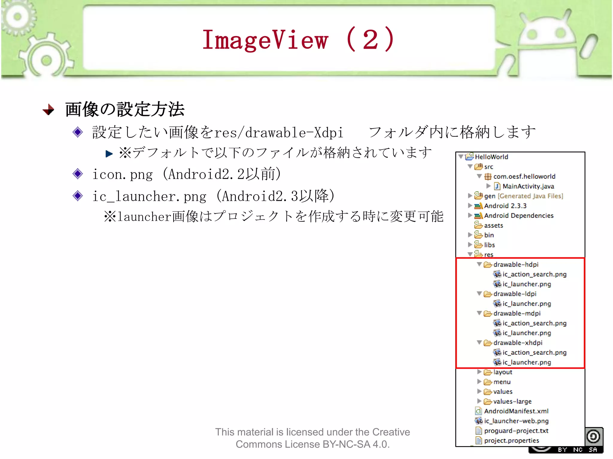 ImageView（２）
画像の設定方法
設定したい画像をres/drawable-Xdpi

フォルダ内に格納します

※デフォルトで以下のファイルが格納されています

icon.png (Android2.2以前)
ic_launcher.png (Android2.3以降)
※launcher画像はプロジェクトを作成する時に変更可能

This material is licensed under the Creative
Commons License BY-NC-SA 4.0.

169

 