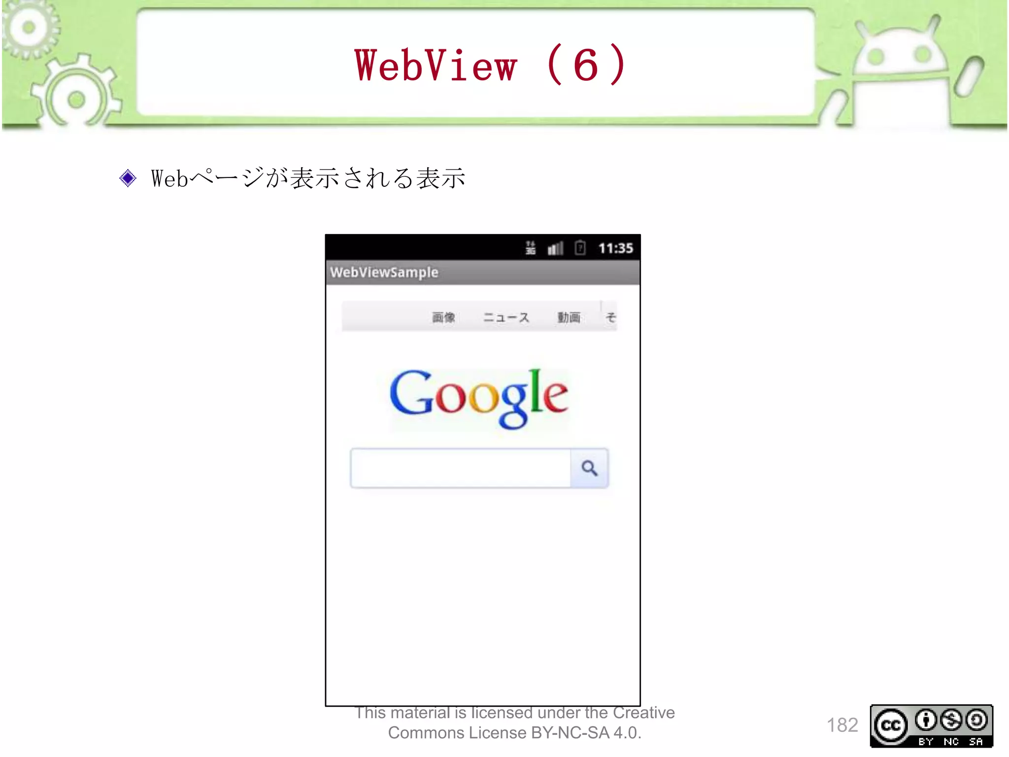 WebView（６）
Webページが表示される表示

This material is licensed under the Creative
Commons License BY-NC-SA 4.0.

182

 