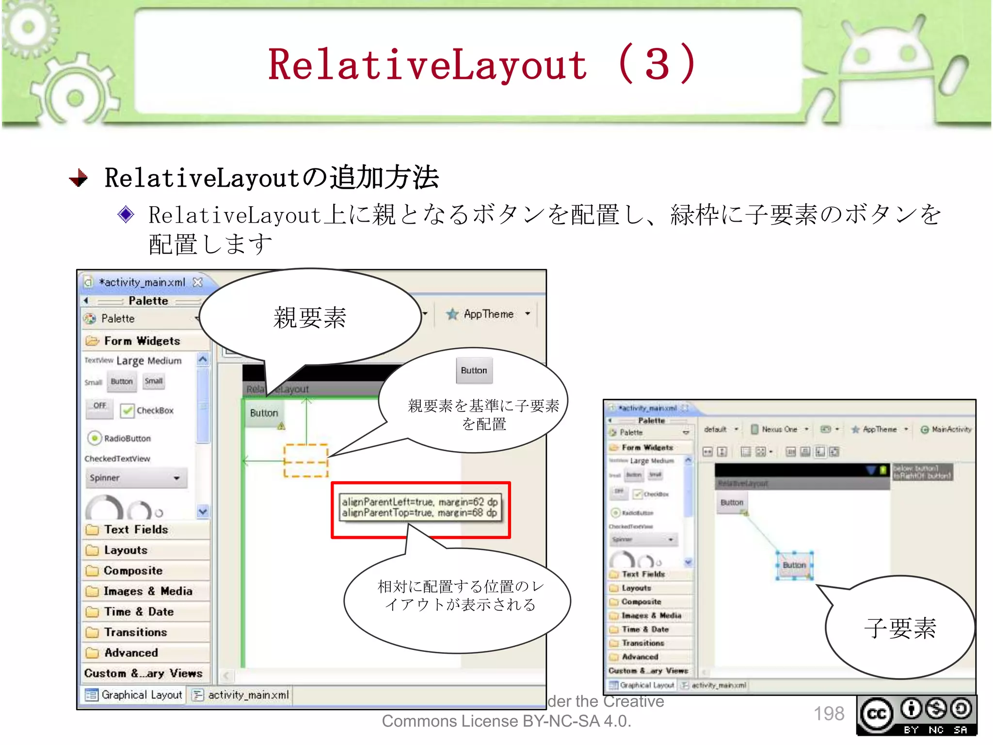 RelativeLayout（３）
RelativeLayoutの追加方法
RelativeLayout上に親となるボタンを配置し、緑枠に子要素のボタンを
配置します
親要素

親要素を基準に子要素
を配置

相対に配置する位置のレ
イアウトが表示される

子要素
This material is licensed under the Creative
Commons License BY-NC-SA 4.0.

198

 