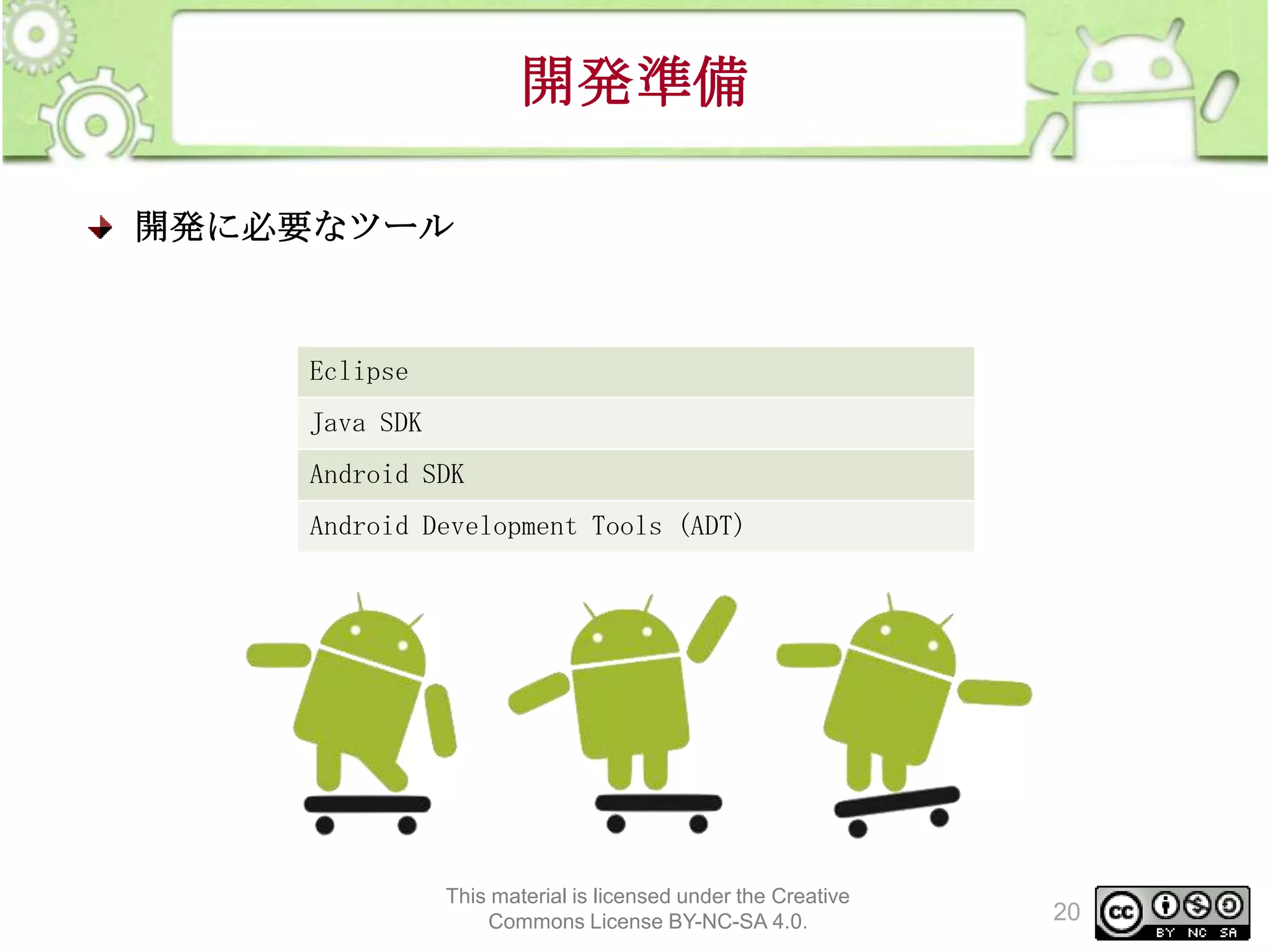 開発準備
開発に必要なツール

Eclipse
Java SDK
Android SDK
Android Development Tools (ADT)

This material is licensed under the Creative
Commons License BY-NC-SA 4.0.

20

 
