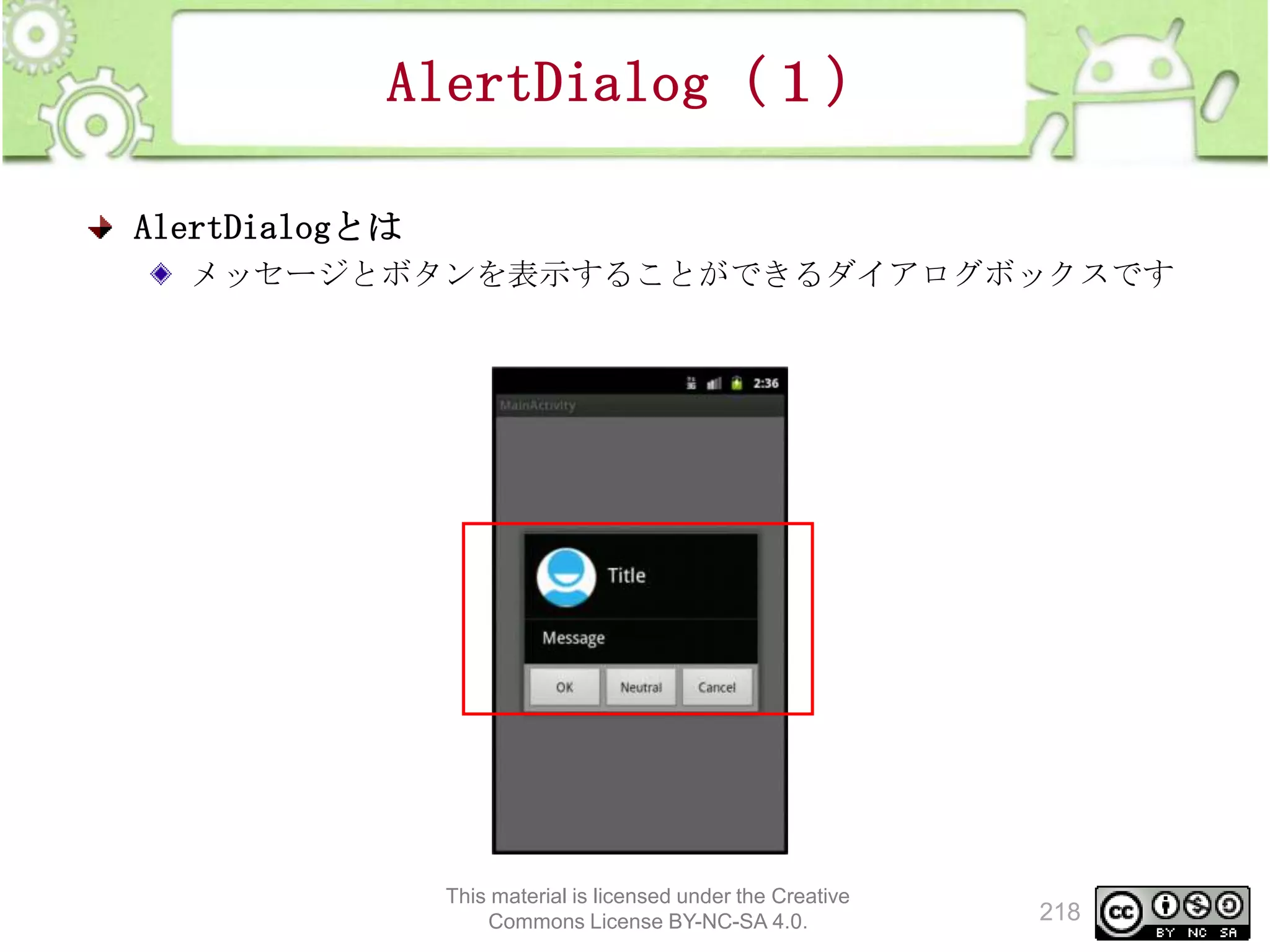 AlertDialog（１）
AlertDialogとは
メッセージとボタンを表示することができるダイアログボックスです

This material is licensed under the Creative
Commons License BY-NC-SA 4.0.

218

 
