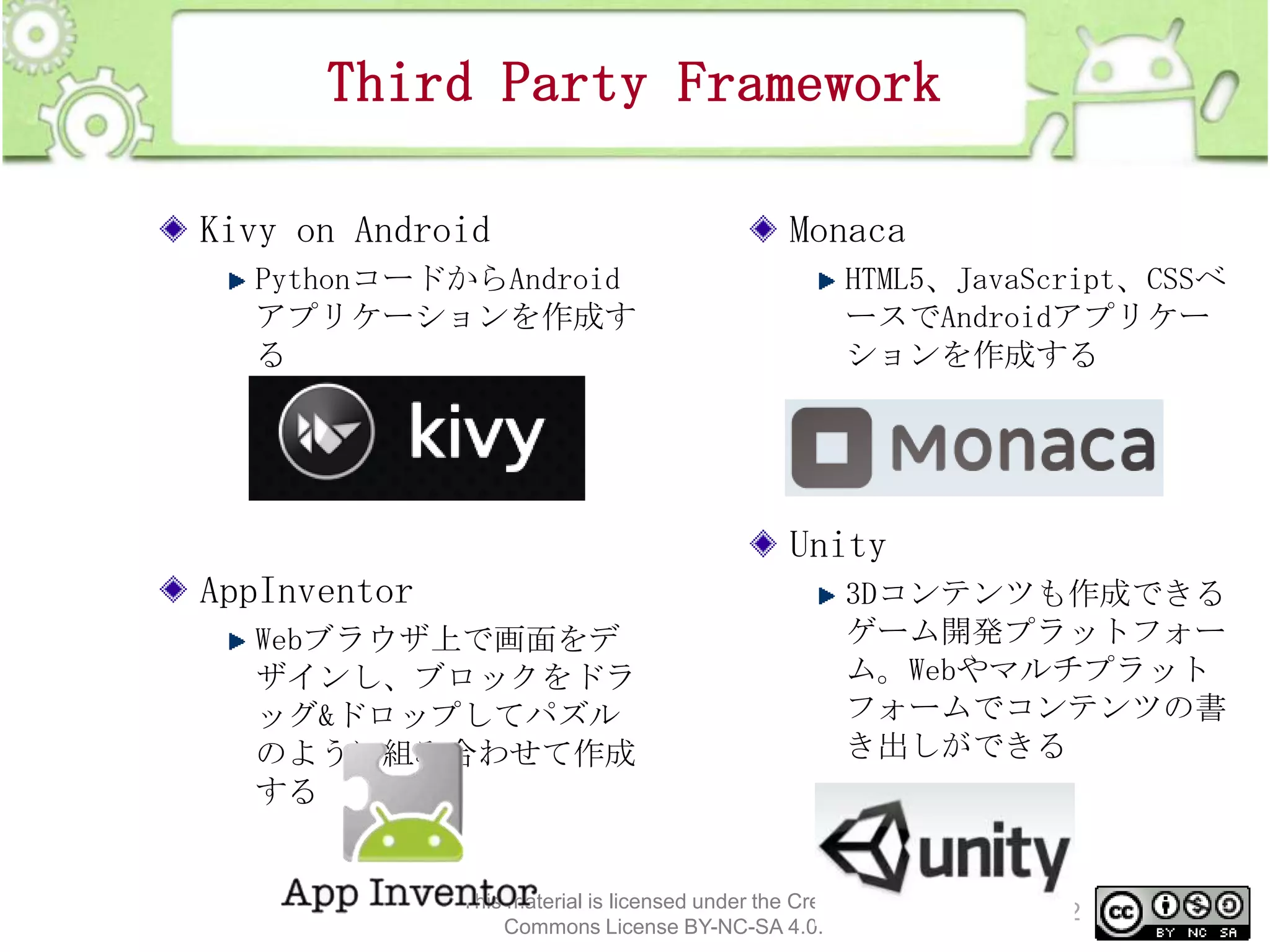 Third Party Framework
Kivy on Android
PythonコードからAndroid
アプリケーションを作成す
る

Monaca
HTML5、JavaScript、CSSベ
ースでAndroidアプリケー
ションを作成する

Unity
AppInventor
Webブラウザ上で画面をデ
ザインし、ブロックをドラ
ッグ&ドロップしてパズル
のように組み合わせて作成
する

3Dコンテンツも作成できる
ゲーム開発プラットフォー
ム。Webやマルチプラット
フォームでコンテンツの書
き出しができる

This material is licensed under the Creative
Commons License BY-NC-SA 4.0.

22

 
