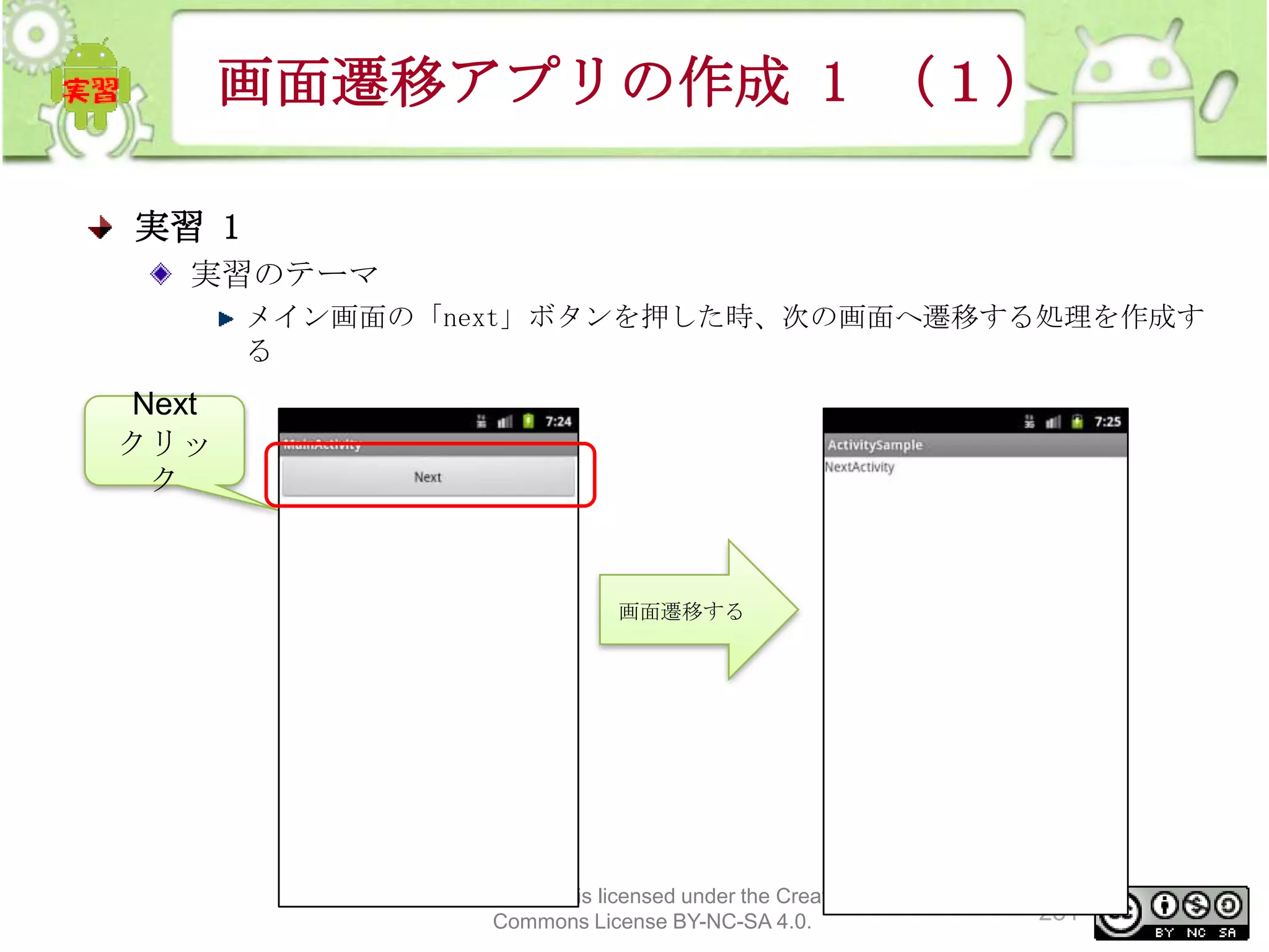 画面遷移アプリの作成 1 （１）
実習 1
実習のテーマ
メイン画面の「next」ボタンを押した時、次の画面へ遷移する処理を作成す
る

Next
クリッ
ク

画面遷移する

This material is licensed under the Creative
Commons License BY-NC-SA 4.0.

231

 