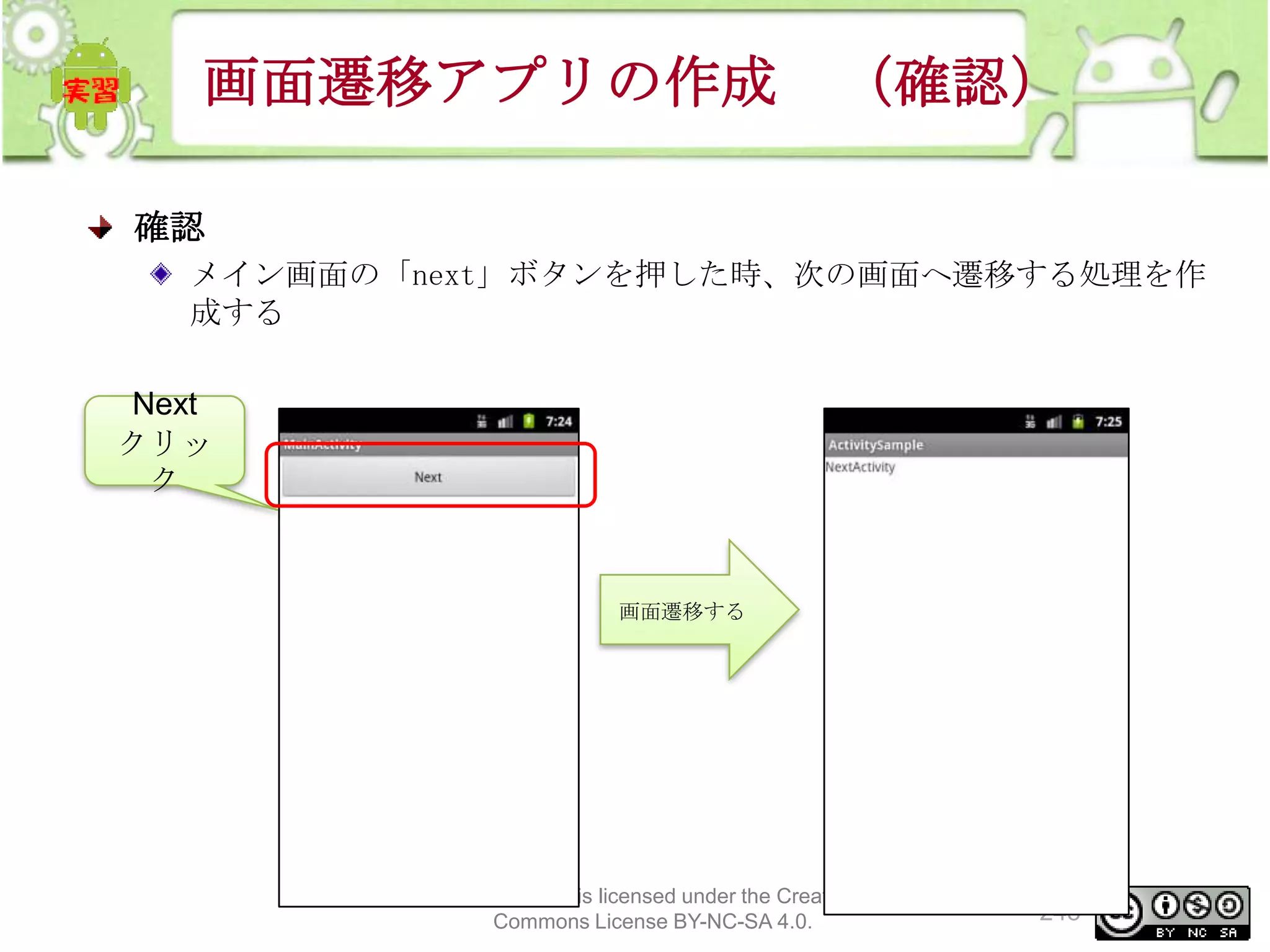 画面遷移アプリの作成

（確認）

確認
メイン画面の「next」ボタンを押した時、次の画面へ遷移する処理を作
成する
Next
クリッ
ク

画面遷移する

This material is licensed under the Creative
Commons License BY-NC-SA 4.0.

243

 