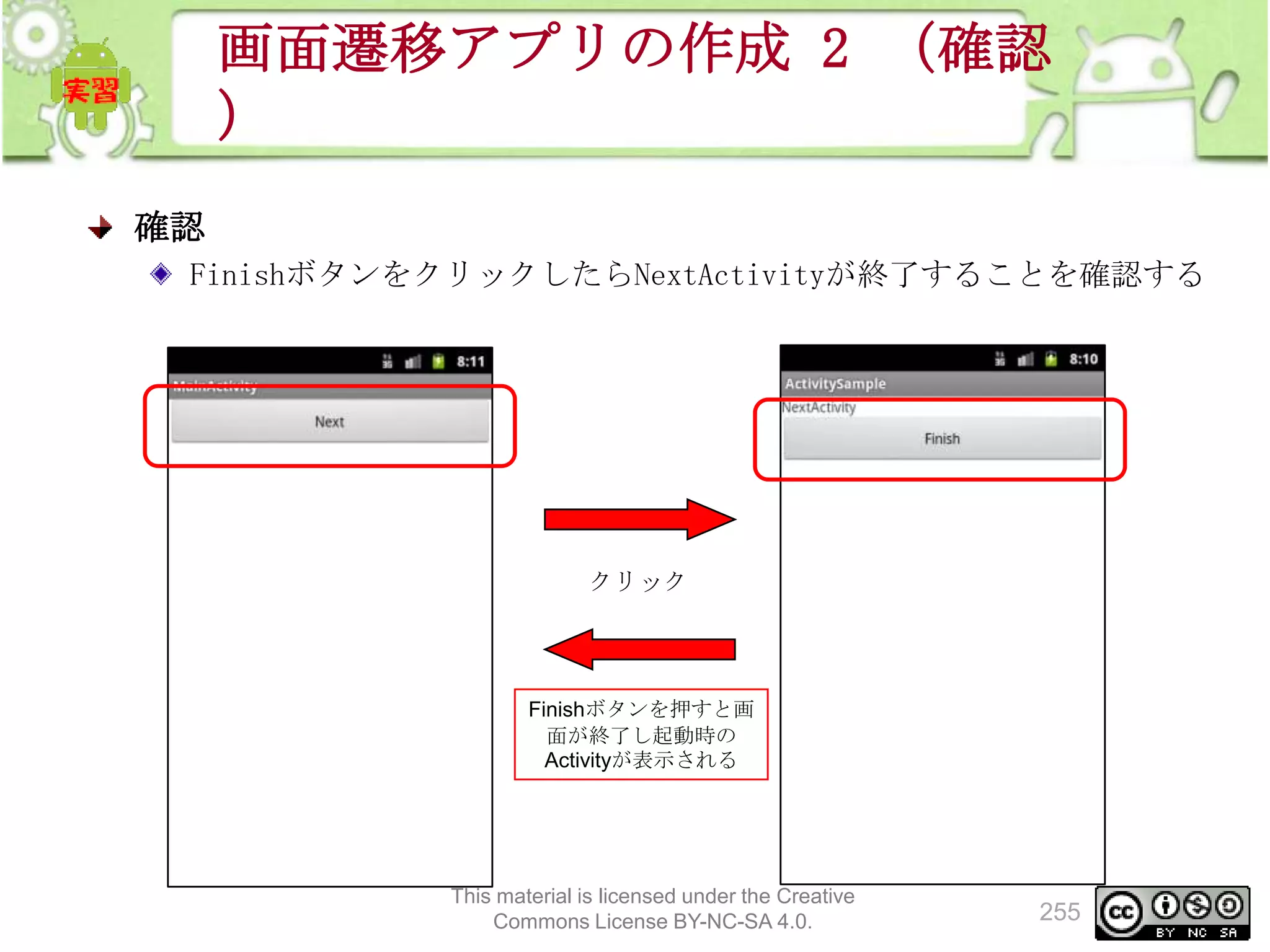 画面遷移アプリの作成 2 （確認
）
確認
FinishボタンをクリックしたらNextActivityが終了することを確認する

クリック

Finishボタンを押すと画
面が終了し起動時の
Activityが表示される

This material is licensed under the Creative
Commons License BY-NC-SA 4.0.

255

 