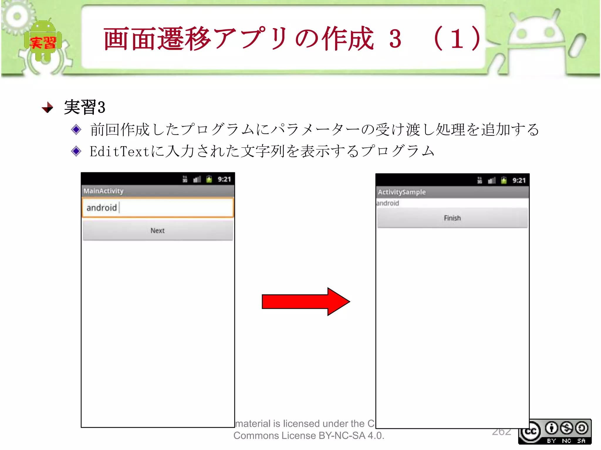 画面遷移アプリの作成 3 （１）
実習3
前回作成したプログラムにパラメーターの受け渡し処理を追加する
EditTextに入力された文字列を表示するプログラム

This material is licensed under the Creative
Commons License BY-NC-SA 4.0.

262

 