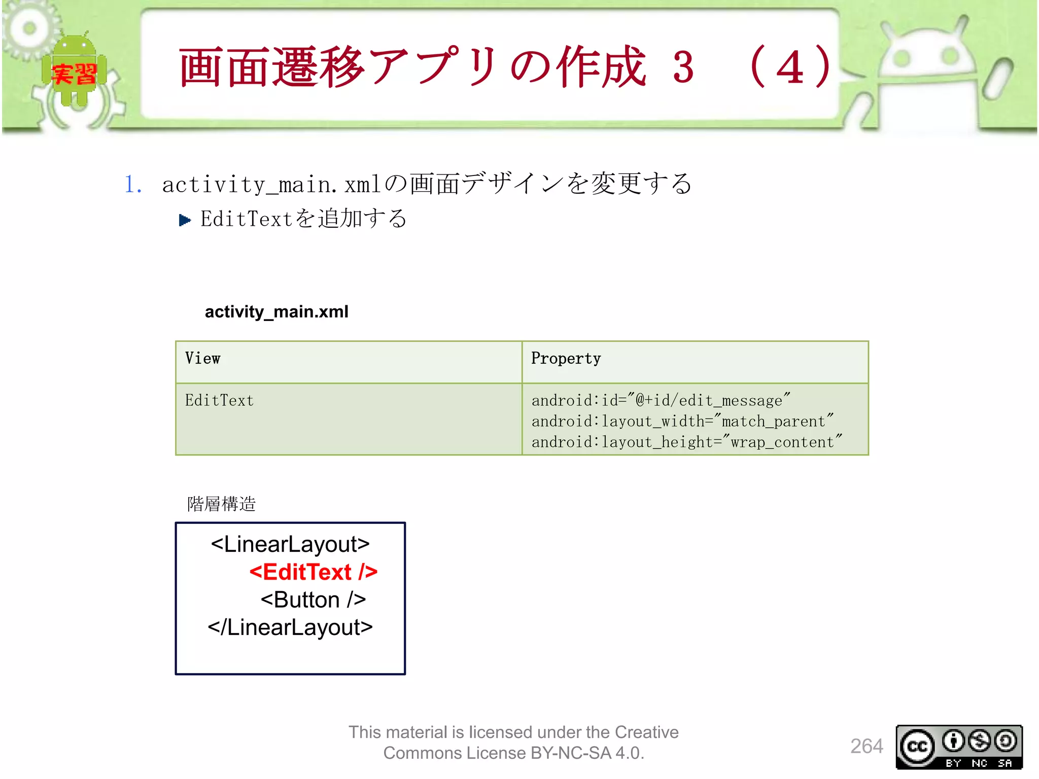 画面遷移アプリの作成 3 （４）
1. activity_main.xmlの画面デザインを変更する
EditTextを追加する

activity_main.xml

View

Property

EditText

android:id="@+id/edit_message"
android:layout_width="match_parent"
android:layout_height="wrap_content"

階層構造

<LinearLayout>
<EditText />
<Button />
</LinearLayout>

This material is licensed under the Creative
Commons License BY-NC-SA 4.0.

264

 