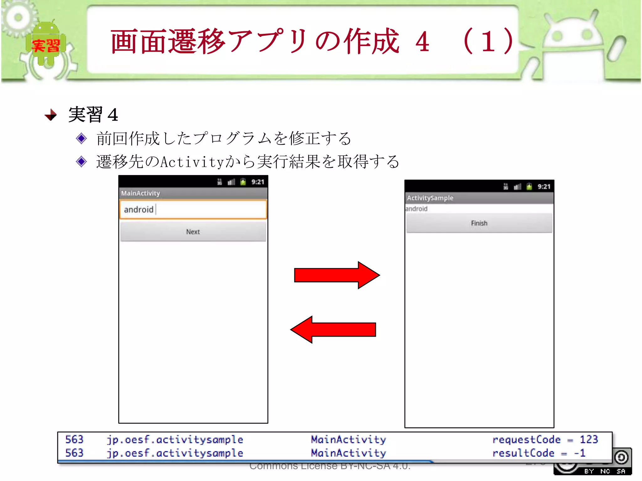 画面遷移アプリの作成 4 （１）
実習４
前回作成したプログラムを修正する
遷移先のActivityから実行結果を取得する

This material is licensed under the Creative
Commons License BY-NC-SA 4.0.

276

 