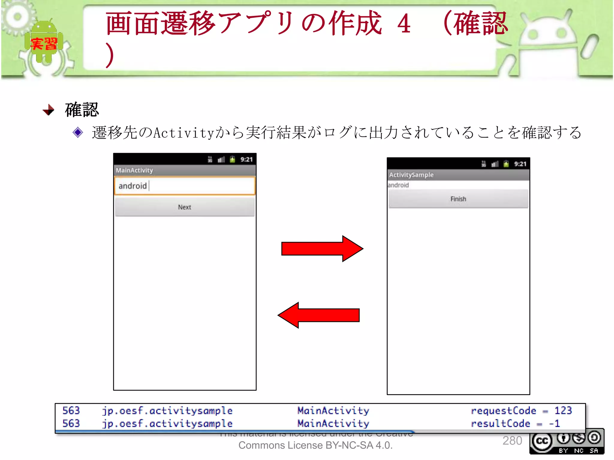 画面遷移アプリの作成 4 （確認
）
確認
遷移先のActivityから実行結果がログに出力されていることを確認する

This material is licensed under the Creative
Commons License BY-NC-SA 4.0.

280

 
