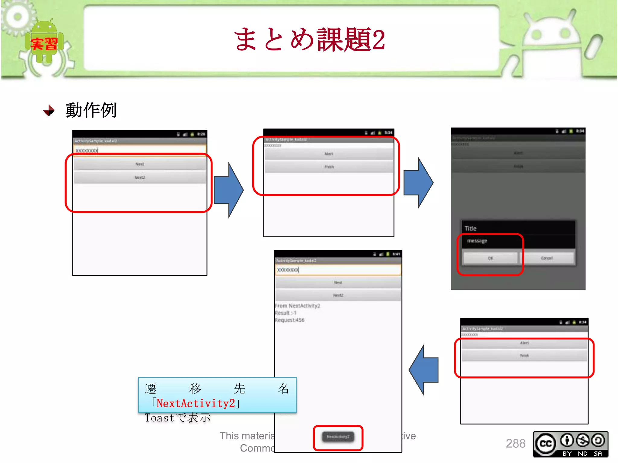 まとめ課題2
動作例

遷
移
先
「NextActivity2」
Toastで表示

名

This material is licensed under the Creative
Commons License BY-NC-SA 4.0.

288

 