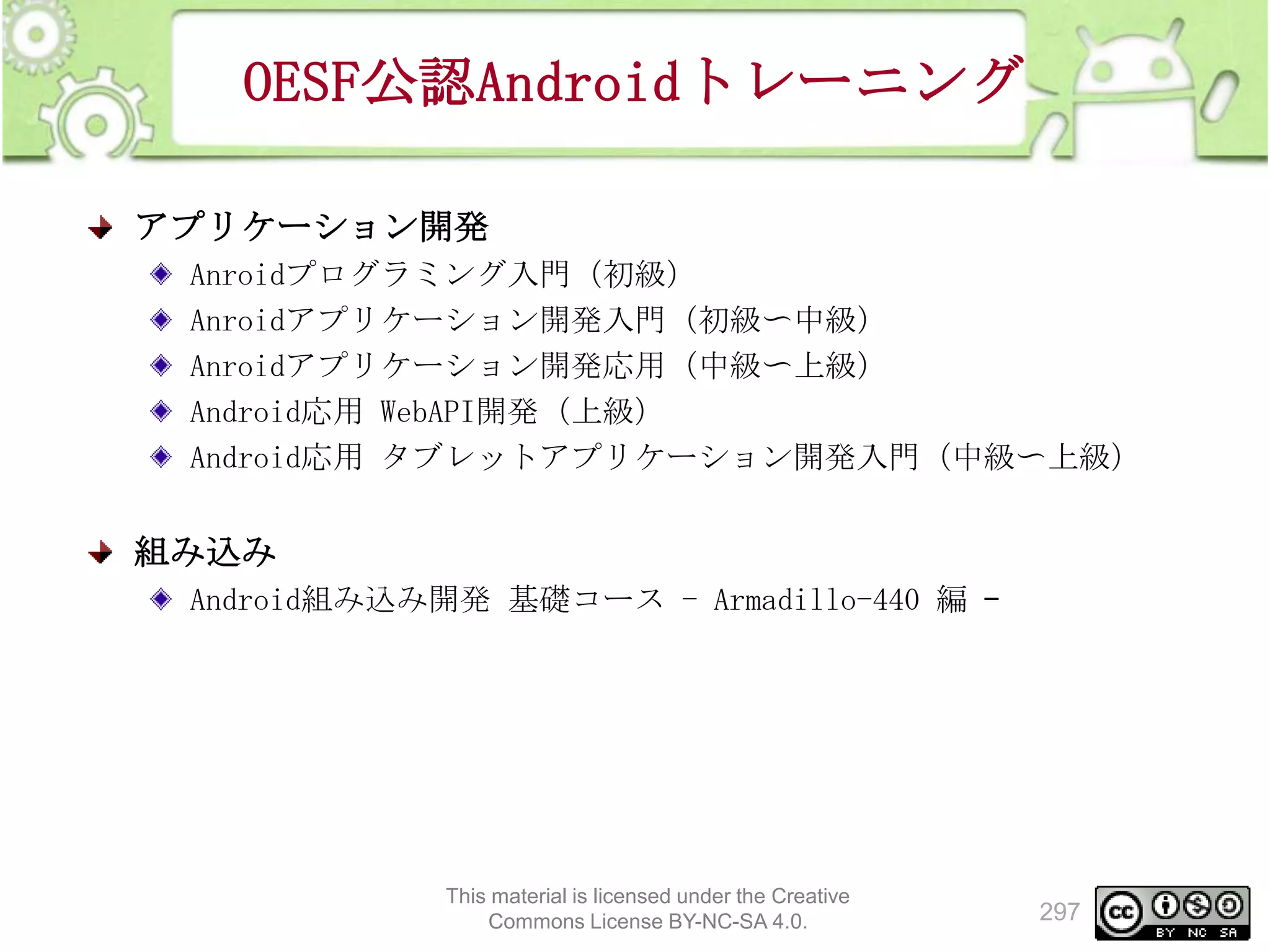 OESF公認Androidトレーニング
アプリケーション開発
Anroidプログラミング入門（初級）
Anroidアプリケーション開発入門（初級〜中級）
Anroidアプリケーション開発応用（中級〜上級）
Android応用 WebAPI開発（上級）
Android応用 タブレットアプリケーション開発入門（中級〜上級）

組み込み
Android組み込み開発 基礎コース - Armadillo-440 編 –

This material is licensed under the Creative
Commons License BY-NC-SA 4.0.

297

 