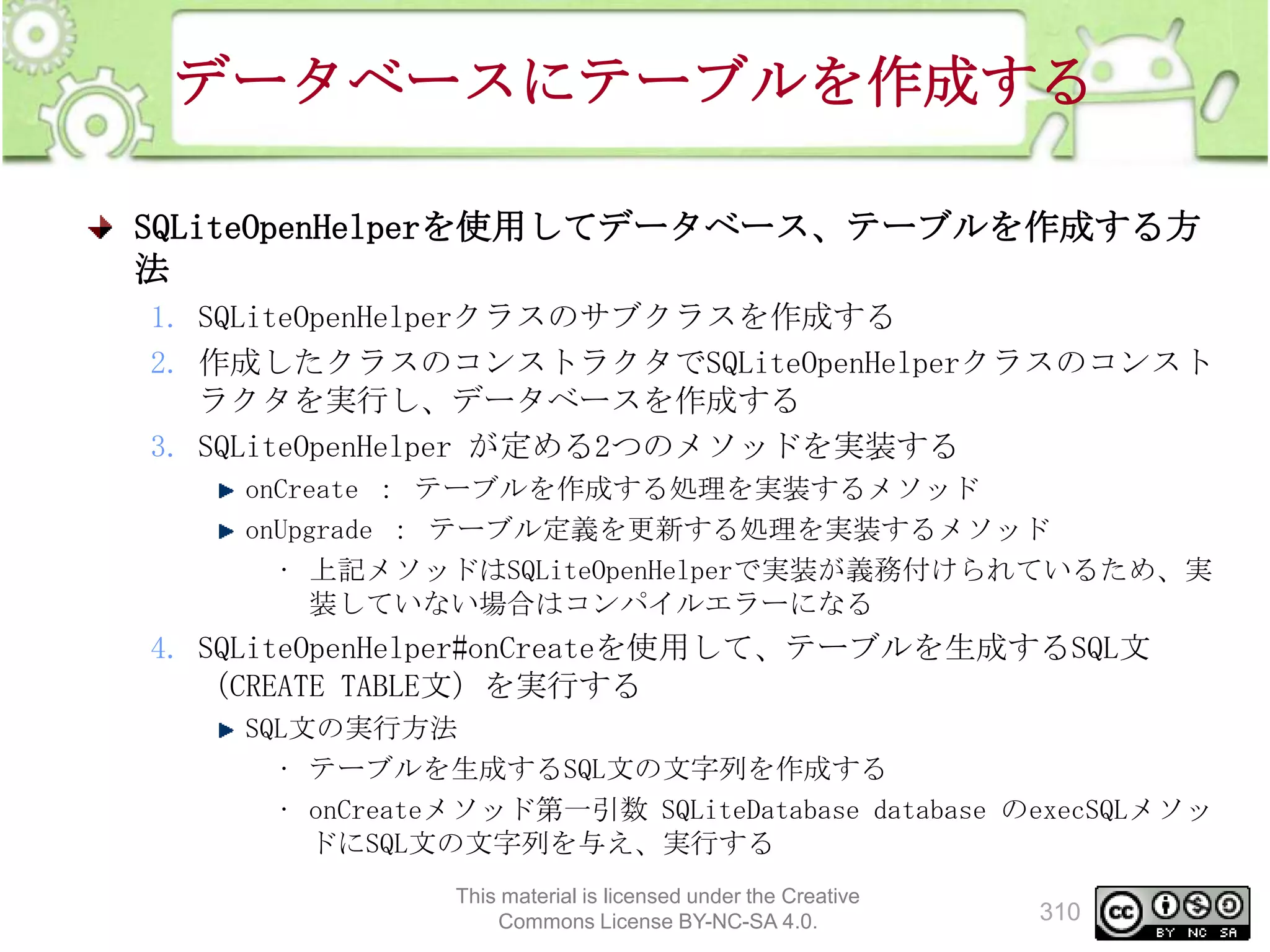 データベースにテーブルを作成する
SQLiteOpenHelperを使用してデータベース、テーブルを作成する方
法
1. SQLiteOpenHelperクラスのサブクラスを作成する
2. 作成したクラスのコンストラクタでSQLiteOpenHelperクラスのコンスト
ラクタを実行し、データベースを作成する
3. SQLiteOpenHelper が定める2つのメソッドを実装する
onCreate ： テーブルを作成する処理を実装するメソッド
onUpgrade ： テーブル定義を更新する処理を実装するメソッド
• 上記メソッドはSQLiteOpenHelperで実装が義務付けられているため、実
装していない場合はコンパイルエラーになる

4. SQLiteOpenHelper#onCreateを使用して、テーブルを生成するSQL文
（CREATE TABLE文）を実行する
SQL文の実行方法
• テーブルを生成するSQL文の文字列を作成する
• onCreateメソッド第一引数 SQLiteDatabase database のexecSQLメソッ
ドにSQL文の文字列を与え、実行する
This material is licensed under the Creative
Commons License BY-NC-SA 4.0.

310

 