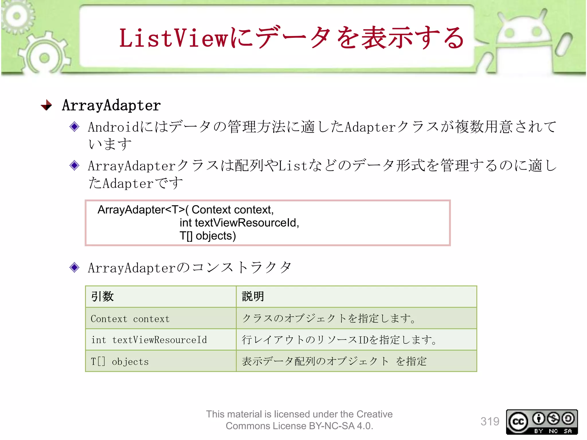 ListViewにデータを表示する
ArrayAdapter
Androidにはデータの管理方法に適したAdapterクラスが複数用意されて
います
ArrayAdapterクラスは配列やListなどのデータ形式を管理するのに適し
たAdapterです
ArrayAdapter<T>( Context context,
int textViewResourceId,
T[] objects)

ArrayAdapterのコンストラクタ
引数

説明

Context context

クラスのオブジェクトを指定します。

int textViewResourceId

行レイアウトのリソースIDを指定します。

T[] objects

表示データ配列のオブジェクト を指定

This material is licensed under the Creative
Commons License BY-NC-SA 4.0.

319

 