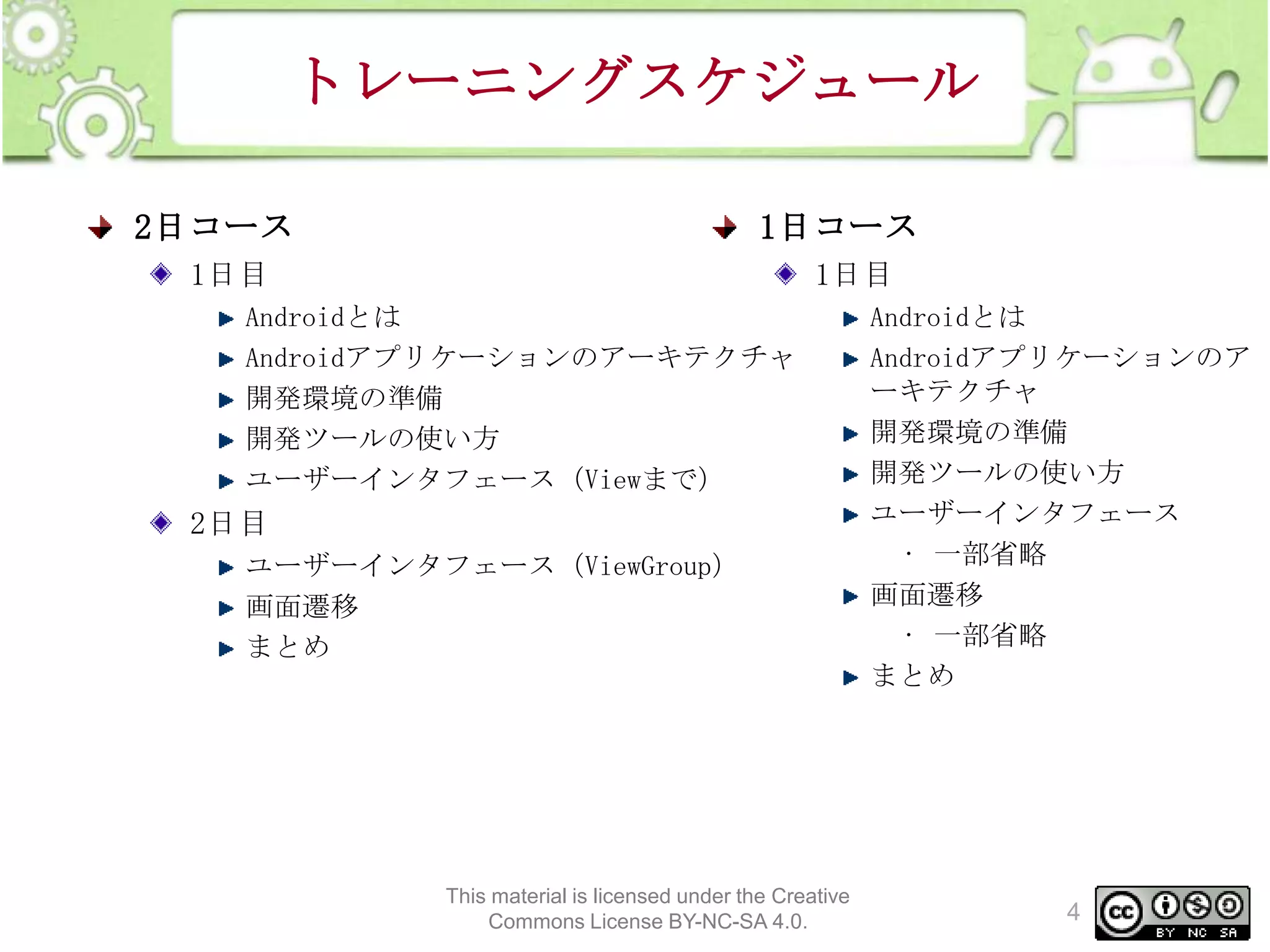 トレーニングスケジュール
2日コース

1日コース

1日目

1日目

Androidとは
Androidアプリケーションのアーキテクチャ
開発環境の準備
開発ツールの使い方
ユーザーインタフェース（Viewまで）

2日目
ユーザーインタフェース（ViewGroup）
画面遷移
まとめ

This material is licensed under the Creative
Commons License BY-NC-SA 4.0.

Androidとは
Androidアプリケーションのア
ーキテクチャ
開発環境の準備
開発ツールの使い方
ユーザーインタフェース
• 一部省略
画面遷移
• 一部省略
まとめ

4

 