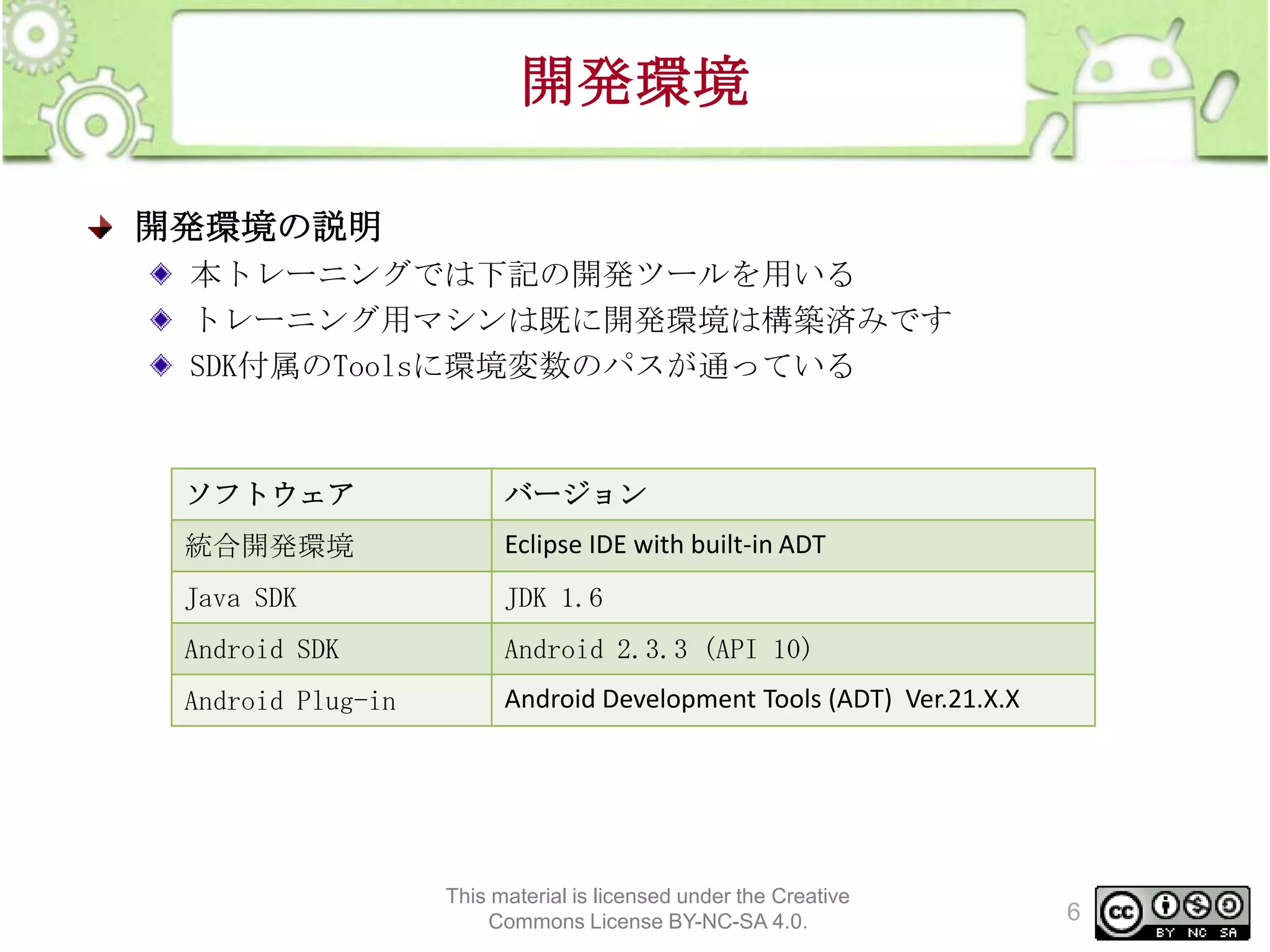 開発環境
開発環境の説明
本トレーニングでは下記の開発ツールを用いる
トレーニング用マシンは既に開発環境は構築済みです
SDK付属のToolsに環境変数のパスが通っている

ソフトウェア

バージョン

統合開発環境

Eclipse IDE with built-in ADT

Java SDK

JDK 1.6

Android SDK

Android 2.3.3 (API 10)

Android Plug-in

Android Development Tools (ADT) Ver.21.X.X

This material is licensed under the Creative
Commons License BY-NC-SA 4.0.

6

 