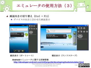エミュレータの使用方法（３）
画面向きの切り替え（Ctrl + F11）
デバイスの向きに合わせた画面表示

縦長表示（ポートレート）

横長表示（ランドスケープ）

Androidエミュレータに関する詳細情報
http://developer.android.com/intl/ja/guide/developing/tools/emulator.html
This material is licensed under the Creative
Commons License BY-NC-SA 4.0.

108

 