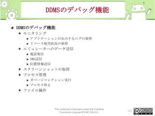 DDMSのデバッグ機能
DDMSのデバッグ機能
モニタリング
アプリケーションが出力するログの参照
リソース使用状況の参照

エミュレータへのデータ送信
電話発信
SMS送信
位置情報送信

スクリーンショットの取得
プロセス管理
ガベージコレクション実行
プロセス停止

ファイル操作

This material is licensed under the Creative
Commons License BY-NC-SA 4.0.

111

 