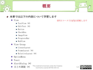 概要
本章では以下の内容について学習します
View

※1日コースでは(*)は省略します

TextView (*)
EditText (*)
Button
CheckBox
ImageView
ProgressBar
WebView

View Group
LinearLayout
FrameLayout (*)
RelativeLayout (*)

OptionMenu
Toast
AlertDialog (*)
まとめ課題 (*)

This material is licensed under the Creative
Commons License BY-NC-SA 4.0.

120

 