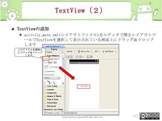 TextView（２）
TextViewの追加
activity_main.xml(レイアウトファイル)をエディタで開きレイアウトツ
ールでTextViewを選択して表示されている画面上にドラッグ＆ドロップ
します
このアイテムを画面上
にドラッグ＆ドロップ
します。

This material is licensed under the Creative
Commons License BY-NC-SA 4.0.

123

 