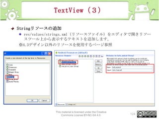 TextView（３）
Stringリソースの追加
res/values/strings.xml（リソースファイル）をエディタで開きリソー
スツール上から表示するテキストを追加します。
※4.3デザイン以外のリソースを使用するページ参照

This material is licensed under the Creative
Commons License BY-NC-SA 4.0.

124

 