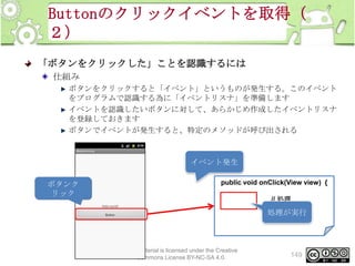 Buttonのクリックイベントを取得（
２）
「ボタンをクリックした」ことを認識するには
仕組み
ボタンをクリックすると「イベント」というものが発生する。このイベント
をプログラムで認識する為に「イベントリスナ」を準備します
イベントを認識したいボタンに対して、あらかじめ作成したイベントリスナ
を登録しておきます
ボタンでイベントが発生すると、特定のメソッドが呼び出される

イベント発生
ボタンク
リック

public void onClick(View view) {
// 処理

処理が実行
}

This material is licensed under the Creative
Commons License BY-NC-SA 4.0.

149

 