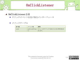OnClickListener
OnClickListenerとは
クリックイベントを受け取るインターフェース
メソッドテーブル
戻り値

メソッド名

説明

void

onClick(View
v)

ビューがクリックされたときに呼び出さ
れます。

This material is licensed under the Creative
Commons License BY-NC-SA 4.0.

155

 