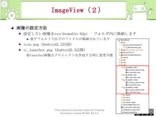ImageView（２）
画像の設定方法
設定したい画像をres/drawable-Xdpi

フォルダ内に格納します

※デフォルトで以下のファイルが格納されています

icon.png (Android2.2以前)
ic_launcher.png (Android2.3以降)
※launcher画像はプロジェクトを作成する時に変更可能

This material is licensed under the Creative
Commons License BY-NC-SA 4.0.

169

 