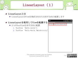 LinearLayout（１）
LinearLayoutとは
LinearLayoutはViewを垂直方向または水平方向に配置します

LinearLayoutを使用してViewを配置する
2つのTextViewを水平方向に配置
1. TextView 「Hello world !」
2. TextView 「Hello World, MainActivity!」

This material is licensed under the Creative
Commons License BY-NC-SA 4.0.

184

 