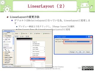 LinearLayout（２）
LinearLayoutの変更方法
デフォルトはRelativeLayoutになっている為、LinearLayoutに変更しま
す
プレビュー画面上で右クリックし、[Change Layout]を選択
New Layout Type を LinearLayout(horizontal)に変更

This material is licensed under the Creative
Commons License BY-NC-SA 4.0.

185

 