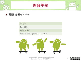 開発準備
開発に必要なツール

Eclipse
Java SDK
Android SDK
Android Development Tools (ADT)

This material is licensed under the Creative
Commons License BY-NC-SA 4.0.

20

 