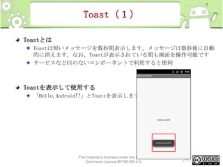 Toast（１）
Toastとは
Toastは短いメッセージを数秒間表示します。メッセージは数秒後に自動
的に消えます。なお、Toastが表示されている間も画面を操作可能です
サービスなどUIのないコンポーネントで利用すると便利

Toastを表示して使用する
「Hello,Android!!」とToastを表示します

This material is licensed under the Creative
Commons License BY-NC-SA 4.0.

215

 