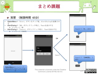 まとめ課題
実習 （制限時間 45分）
•
•
•

OptionMenuの「Alert」ボタンをタップ後、AlertDialogを起動させ
る
AlertDialogの「OK」ボタンクリック時に、Toastを表示する
 メッセージ：OK
AlertDialogの「Cancel」ボタンクリック時に、Toastを表示する
 メッセージ：CANCEL

Toastにて「OK」と表示

OK

Cancel
Toastにて「CANCEL」と
表示

OptionMenuはエミュレーター
のmenuボタンをタップして表
示

This material is licensed under the Creative
Commons License BY-NC-SA 4.0.

224

 