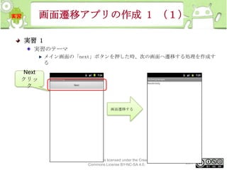 画面遷移アプリの作成 1 （１）
実習 1
実習のテーマ
メイン画面の「next」ボタンを押した時、次の画面へ遷移する処理を作成す
る

Next
クリッ
ク

画面遷移する

This material is licensed under the Creative
Commons License BY-NC-SA 4.0.

231

 