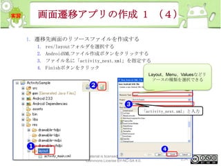 画面遷移アプリの作成 1 （４）
1. 遷移先画面のリソースファイルを作成する
1.
2.
3.
4.

res/layoutフォルダを選択する
AndroidXMLファイル作成ボタンをクリックする
ファイル名に「activity_next.xml」を指定する
Finishボタンをクリック
Layout、Menu、Valuesなどリ
ソースの種類を選択できる

「activity_next.xml」と入力

This material is licensed under the Creative
Commons License BY-NC-SA 4.0.

234

 