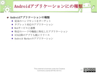 Androidアプリケーションにの種類
Androidアプリケーションの種類
従来のハンドセットをターゲット
タブレット対応のアプリケーション
Webサービスと連携
特定のハードや機能に特化したアプリケーション
ICS以降のアプリも既にリリース
Android Marketのアプリケーション

This material is licensed under the Creative
Commons License BY-NC-SA 4.0.

24

 