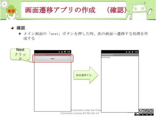 画面遷移アプリの作成

（確認）

確認
メイン画面の「next」ボタンを押した時、次の画面へ遷移する処理を作
成する
Next
クリッ
ク

画面遷移する

This material is licensed under the Creative
Commons License BY-NC-SA 4.0.

243

 