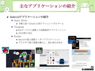 主なアプリケーションの紹介
Androidアプリケーションの紹介
Angry Birds
手軽に遊べるAndroid用アクションパズルゲーム

Tinamium
Webサービスと連携した画像検索アプリケーション
ICS以降に対応

Kindle
Amazonの電子書籍リーダーアプリケーション
ブラウザで電子書籍を購入し、読む事が出来る

This material is licensed under the Creative
Commons License BY-NC-SA 4.0.

25

 