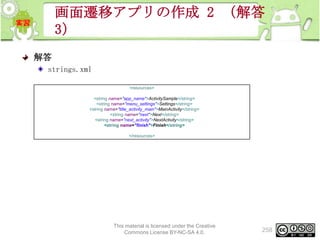 画面遷移アプリの作成 2 （解答
3）
解答
strings.xml
<resources>
<string name="app_name">ActivitySample</string>
<string name="menu_settings">Settings</string>
<string name="title_activity_main">MainActivity</string>
<string name="next">Next</string>
<string name="next_activity">NextActivity</string>
<string name="finish">Finish</string>
</resources>

This material is licensed under the Creative
Commons License BY-NC-SA 4.0.

258

 