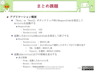 まとめ課題
アプリケーション概要
「Next」or「Next2」ボタンクリック時にRequestCodeを指定して
Activityを起動する
RequestCode
• NextActivity :123
• NextActivity2 :456

起動したActivityはResultCodeを指定して終了する
ResultCode
• NextActivity : RESULT_OK
• NextActivity2 : AlertDialogで選択したボタンで以下の値を返す
– 「OK」を選択：RESULT_OK
– 「Cancel」を選択：RESULT_CANCEL

起動元Activityに以下の情報を表示する
表示情報
• From：起動したActivity名
• Result：ResultCode
• Request：RequestCode licensed under the Creative
This material is
Commons License BY-NC-SA 4.0.

285

 