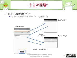 まとめ課題2
実習 （制限時間 60分）
以下のようなアプリケーションを作成する
NextActivity

MainActivity

Intent：
NextActivity

NextActivity2

Intent：NextActivity2

This material is licensed under the Creative
Commons License BY-NC-SA 4.0.

287

 