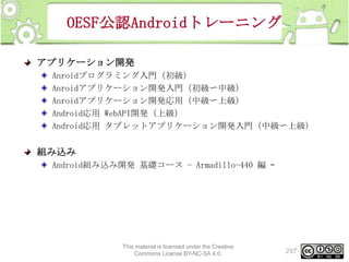 OESF公認Androidトレーニング
アプリケーション開発
Anroidプログラミング入門（初級）
Anroidアプリケーション開発入門（初級〜中級）
Anroidアプリケーション開発応用（中級〜上級）
Android応用 WebAPI開発（上級）
Android応用 タブレットアプリケーション開発入門（中級〜上級）

組み込み
Android組み込み開発 基礎コース - Armadillo-440 編 –

This material is licensed under the Creative
Commons License BY-NC-SA 4.0.

297

 