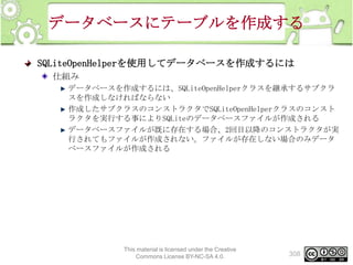 データベースにテーブルを作成する
SQLiteOpenHelperを使用してデータベースを作成するには
仕組み
データベースを作成するには、SQLiteOpenHelperクラスを継承するサブクラ
スを作成しなければならない
作成したサブクラスのコンストラクタでSQLiteOpenHelperクラスのコンスト
ラクタを実行する事によりSQLiteのデータベースファイルが作成される
データベースファイルが既に存在する場合、2回目以降のコンストラクタが実
行されてもファイルが作成されない。ファイルが存在しない場合のみデータ
ベースファイルが作成される

This material is licensed under the Creative
Commons License BY-NC-SA 4.0.

308

 