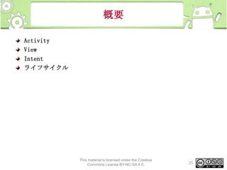 概要
Activity
View
Intent
ライフサイクル

This material is licensed under the Creative
Commons License BY-NC-SA 4.0.

35

 