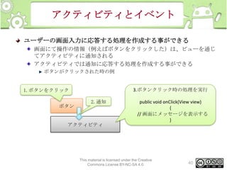 アクティビティとイベント
ユーザーの画面入力に応答する処理を作成する事ができる
画面にて操作の情報（例えばボタンをクリックした）は、ビューを通じ
てアクティビティに通知される
アクティビティでは通知に応答する処理を作成する事ができる
ボタンがクリックされた時の例

1.ボタンをクリック
ボタン

3.ボタンクリック時の処理を実行
2.通知

アクティビティ

public void onClick(View view)
{
// 画面にメッセージを表示する
}

This material is licensed under the Creative
Commons License BY-NC-SA 4.0.

40

 