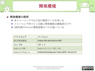開発環境
開発環境の説明
本トレーニングでは下記の開発ツールを用いる
トレーニング用マシンは既に開発環境は構築済みです
SDK付属のToolsに環境変数のパスが通っている

ソフトウェア

バージョン

統合開発環境

Eclipse IDE with built-in ADT

Java SDK

JDK 1.6

Android SDK

Android 2.3.3 (API 10)

Android Plug-in

Android Development Tools (ADT) Ver.21.X.X

This material is licensed under the Creative
Commons License BY-NC-SA 4.0.

6

 