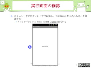 実行画面の確認
8. エミュレータが別ウィンドウで起動し、下記画面が表示されることを確
認する
アプリケーションに Hello world! と表記されている

This material is licensed under the Creative
Commons License BY-NC-SA 4.0.

72

 