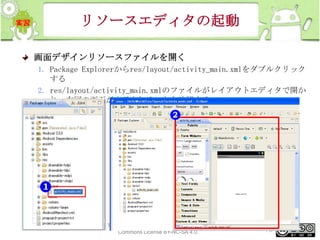 リソースエディタの起動
画面デザインリソースファイルを開く
1. Package Explorerからres/layout/activity_main.xmlをダブルクリック
する
2. res/layout/activity_main.xmlのファイルがレイアウトエディタで開か
れ、右図の画面が表示されることを確認する

This material is licensed under the Creative
Commons License BY-NC-SA 4.0.

76

 