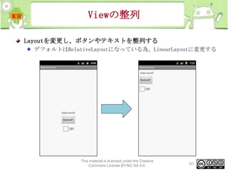 Viewの整列
Layoutを変更し、ボタンやテキストを整列する
デフォルトはRelativeLayoutになっている為、LinearLayoutに変更する

This material is licensed under the Creative
Commons License BY-NC-SA 4.0.

80

 